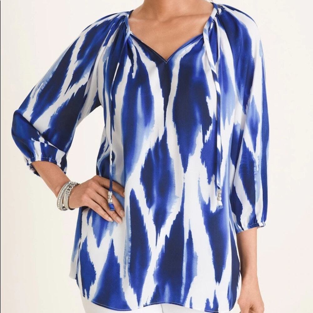 Chico's Blue & White Watercolor Raglan Blouse Size 2 (12/14)